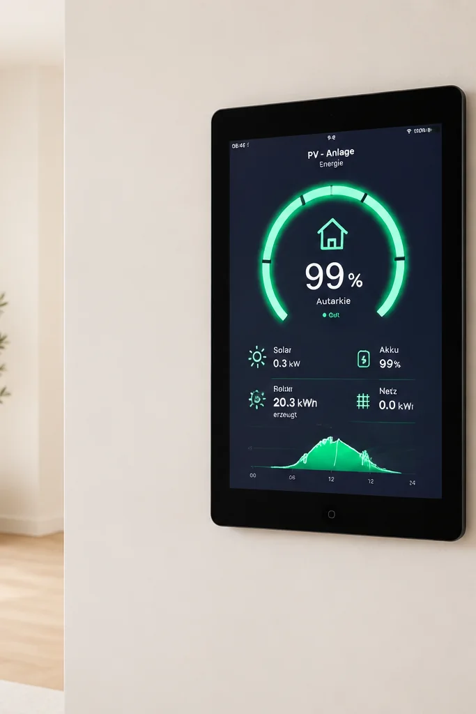 iPad als VistaBoard-Wanddisplay an der Wohnzimmerwand, zeigt die PV-Anlage mit Autarkiegrad und Tagesverlauf