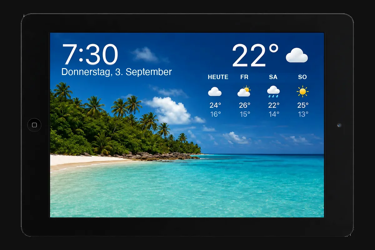 iPad quer im VistaBoard-Fotomodus: grosses Foto mit Uhrzeit, Datum und Wettervorhersage