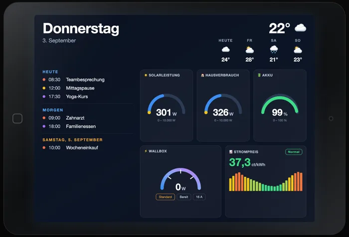 Altes iPad als VistaBoard-Anzeige: Terminliste, Wetter und Energie-Kacheln